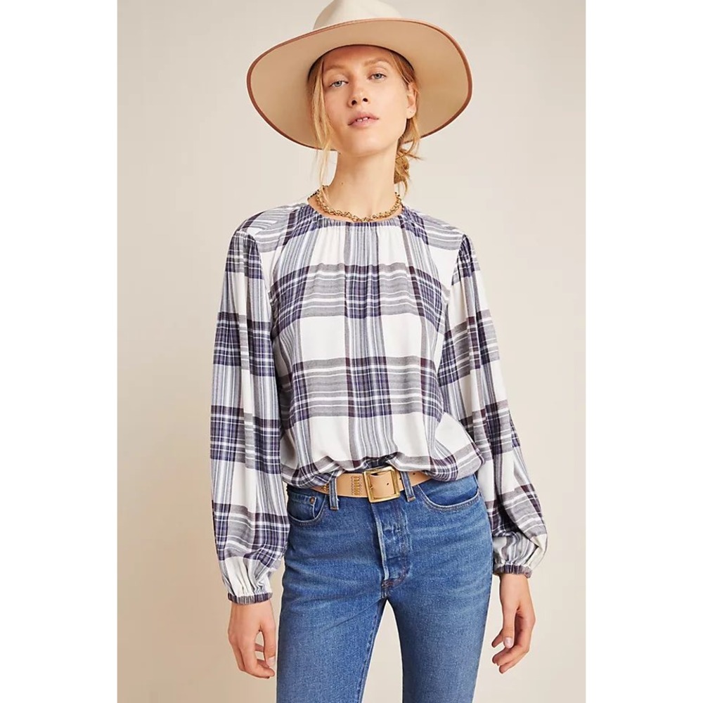 Cloth & Stone Anthropologie Plaid Blouse Blue White Rayon L R9729-A25-304